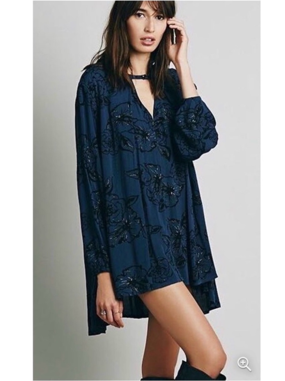 Free People Navy Floral Embroidered Tunic Dress